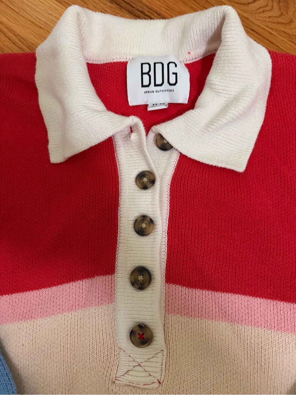 BDG Red and Pink Striped Knit Polo with Cream Collar